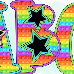 Conjuntos de alfabeto e números com vários pontos pop-it neon, prensa térmica, passar a ferro, HTF, impressão, download digital, letras retrô PNG, pontos neon alfa PNG