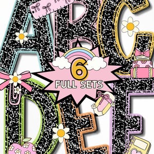 Könnte beinhalten: Bunte Buchstaben ABC und DEF mit einem schwarz-weißen, gesprenkelten Muster, verziert mit Schleifen, Blumen und Elementen zum Thema Schule. Eine rosa Grafik zeigt "6 FULL SETS".