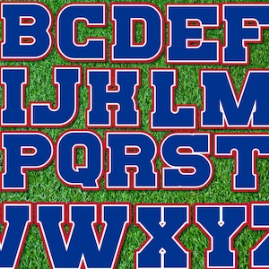 New York Football Alphabet und Zahlen, Fußball Buchstaben PNG, Jersey Schriftzug Kit PNG, Blau, Rote Buchstaben PNG, Königsblau Buchstaben, Varsity