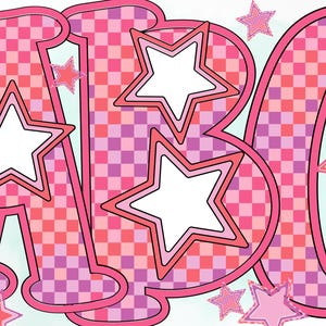 Retro Stars Alphabet PNG: Pink Purple Checkerboard (Digital Download)