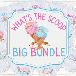 What's The Scoop Big Bundle Gênero Revela Design de Sublimação PNG para Ferro em Transferências, Impressão Sob Demanda Camisetas Prensa Térmica - Casquinha de Sorvete