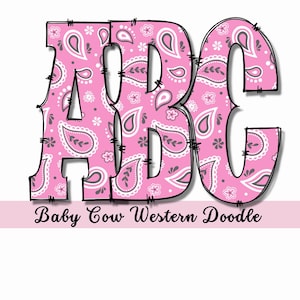 Pink Bandana WESTERN DOODLE Alphabet & Numbers Set PNG - Scrapbooking, Crafting, Iron On, Print, Digital Letters, Doodle Letters, Country