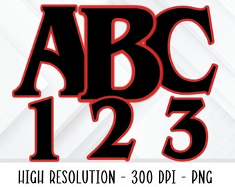 Black & Red Outline Alphabet Numbers PNG Set (Digital Download)