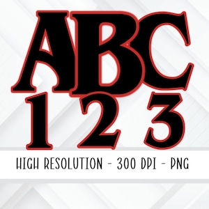 黒地に赤のアウトラインのアルファベットと数字のセット PNG。昇華、ヒートプレス、スクラップブッキング、クラフト、アルファベット、アイロン接着、印刷、黒文字