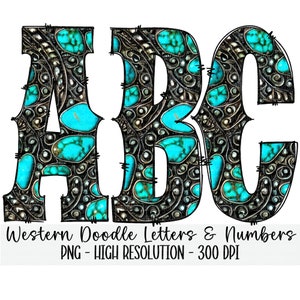 WESTERN Turquoise Gemstone Doodle Alphabet & Numbers Set PNG - Sublimación - Prensa de calor - Fondo transparente - Plata - Hierro en impresión