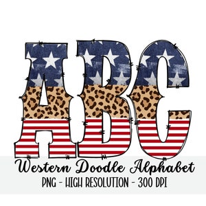 WESTERN American Leopard Print Doodle Alphabet & Numbers Set PNG - Sublimación - Prensa de calor - 4 de julio - Letras de EE. UU. Hierro en impresión