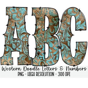 WESTERN Turquesa Tooled Leather Doodle Alphabet & Numbers Set PNG - Sublimación - Prensa de calor - Fondo transparente - Hierro en impresión