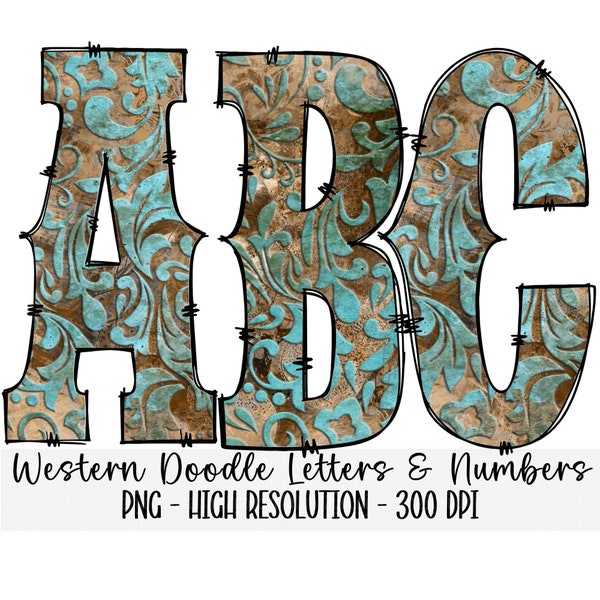 WESTERN Turquoise Tooled Leather Doodle Alphabet & Numbers Set PNG - Sublimation - Heat Press - Transparent Background - Iron On Print