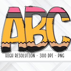 Conjunto de números y alfabeto de lápiz escolar PNG. Sublimación, prensa de calor, álbumes de recortes, elaboración, alfabeto, hierro en, impresión, lindo lápiz