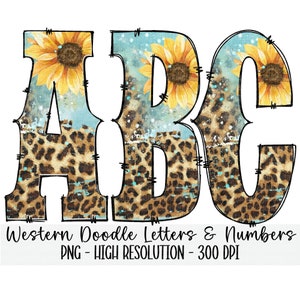 WESTERN Leopard Doodle Alphabet & Numbers Set PNG - Sublimación - Prensa de calor - Fondo transparente - Cuero de vaca - Girasol - Hierro en impresión