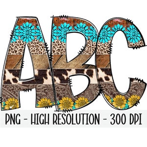 WESTERN Leopard Doodle Alphabet & Numbers Set PNG - Sublimación - Prensa de calor - Fondo transparente - Cuero de vaca - Girasol - Hierro en impresión