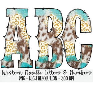 WESTERN Leopard Doodle Alphabet & Numbers Set PNG - Sublimación - Prensa de calor - Fondo transparente - Cuero de vaca - Brillo dorado - Archivo de impresión