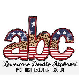 Stars, Stripes & Leopard Doodle Alphabet Set PNG - Sublimación - Prensa de calor - Fondo transparente - Hierro en impresión - Leopardo americano
