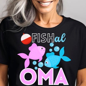 以下が含まれることがあります： ピンクとブルーの魚のデザインと「Fishal Oma」というピンクのテキストが書かれた黒いTシャツです。
