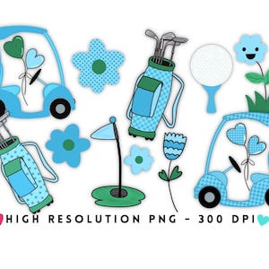 Blaues Vichykaro Golf Clipart Set - hohe Auflösung - 300dpi - PNG - digitaler Download - Blau & Grün Golf Clipart - niedliche Golf Clipart