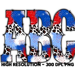 WESTERN American Leopard Print Doodle Alphabet & Numbers Set PNG - Sublimación - Prensa de calor - 4 de julio - Letras de EE. UU. Hierro en impresión