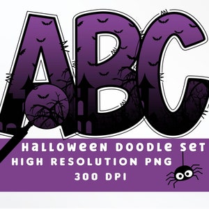 Halloween Doodle Letters Set PNG, Alfabeto de Halloween PNG, Sublimación, Prensa de Calor, Plancha, HTV, Impresión, Pastel Halloween Alpha, Murciélagos, Casa