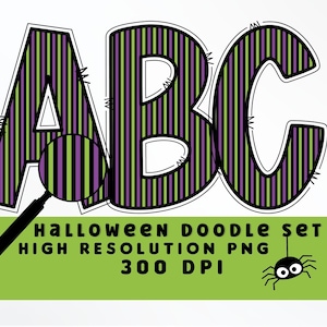 Conjunto de letras de Doodle de Halloween com listras roxas e verdes PNG, alfabeto de Halloween, sublimação, prensa térmica, ferro ligado, impressão HTV, conjunto de alfabeto