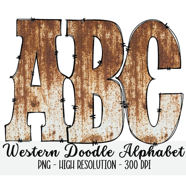 Rusty Metal WESTERN DOODLE Alphabet & Numbers Set PNG - Scrapbooking, Crafting, Iron On, Print, Digital Letters, Doodle Letters, Grunge