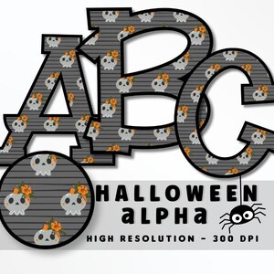 Lindo cráneo y flores Halloween fuente letra conjunto PNG, alfabeto de vibraciones de Halloween, sublimación, prensa de calor, hierro encendido, HTV, impresión, alfa de Halloween