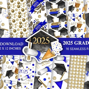 Papier numérique pour l'obtention du diplôme 2025 bleu royal, noir et or, papier numérique pour l'obtention du diplôme, JPEG, motifs de récolte, 12 x 12 pouces