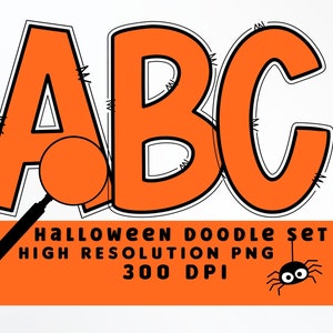 Conjunto de letras Doodle laranja sólido PNG, alfabeto de Halloween, sublimação, prensa térmica, ferro ligado, impressão HTV, conjunto de alfabeto de Halloween