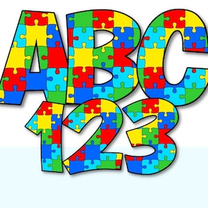 Autismus-Bewusstseins-Alphabet und Zahlen-Set PNG, Scrapbooking, Basteln, Aufbügeln, Druck, digitale Buchstaben, Puzzle-Buchstaben, Grundfarben, Autismus