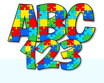 Autism Awareness Alphabet & Numbers Set PNG, Scrapbooking, Crafting, Iron On, Print, Digital Letters, Puzzle Letters, Primary Colors, Autism