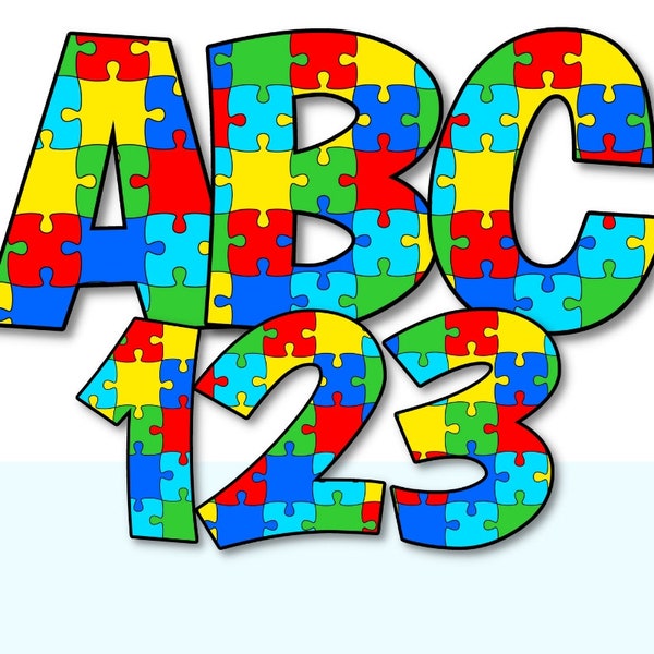 Autism Awareness Alphabet & Numbers Set PNG, Scrapbooking, Crafting, Iron On, Print, Digital Letters, Puzzle Letters, Primary Colors, Autism