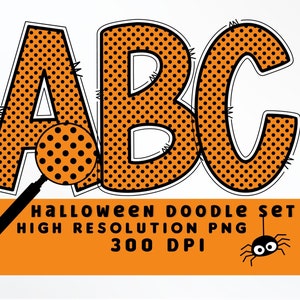 Naranja y negro lunares Halloween Doodle Letters Set PNG, Alfabeto de Halloween, Sublimación, Prensa de calor, Hierro encendido, Impresión HTV, Conjunto de alfabeto