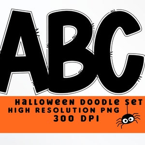 Conjunto de letras de garabato negro sólido PNG, alfabeto de Halloween, sublimación, prensa de calor, planchado, impresión HTV, conjunto de alfabeto de Halloween