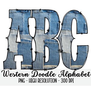 Blue Denim WESTERN DOODLE Alphabet & Numbers Set PNG - Scrapbooking, Elaboración, Plancha, Impresión, Letras Digitales, Letras Doodle, Grunge