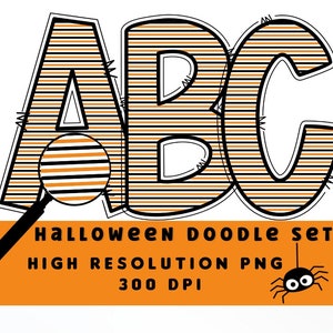 Naranja y rayas negras Halloween Doodle Letters Set PNG, Alfabeto de Halloween, Sublimación, Prensa de calor, Hierro encendido, Impresión HTV, Conjunto de alfabeto