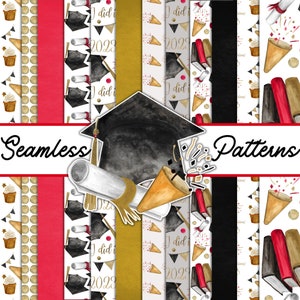 Vermelho, preto e dourado padrões sem emenda de formatura papel digital-graduação papel digital-convites de formatura digital