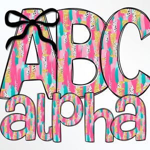 Helles, fröhliches Pinselstrichmuster, Skizze Doodle Alphabet & Zahlen PNG-Set, Pink, Teal und Gold Pinselstriche Buchstaben, Handwerksbuchstaben