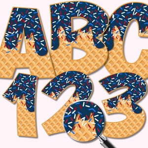 May include: Waffle-shaped letters and numbers with blue and red sprinkles and blue icing. The letters are A, B, C, and the numbers are 1, 2, and 3.