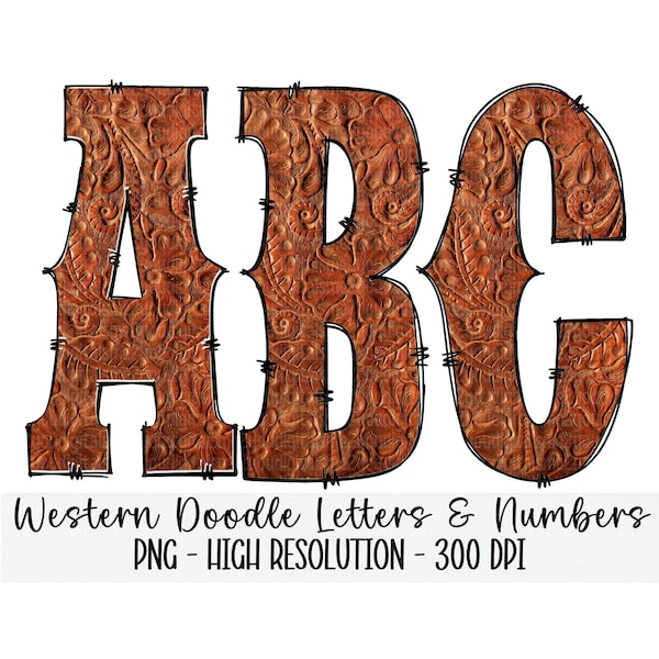 Tooled Leather Western Doodle Alphabet & Numbers Set PNG - Sublimation - Heat Press - Transparent Background - Southwestern - Iron On Print