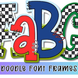 May include: A set of doodle font frames displaying the letters A, B, and C. The letters are decorated with a black and white chequered pattern, with red, blue, and green details. The text "doodle font frames" is at the bottom.