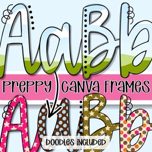 May include: Digital graphic set featuring the letters A and B in various patterns including stars, polka dots, and landscape scenes. The text reads PREPPY CANVA FRAMES and DOODLES INCLUDED. The letters have black outlines and decorative spiral accents.
