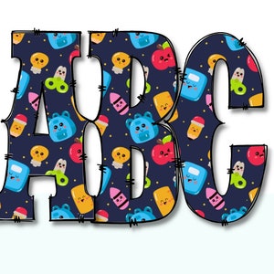 Chibi Schulbedarf Alphabet & Zahlen PNG: Western Doodle Schriftart (Digitaler Download)