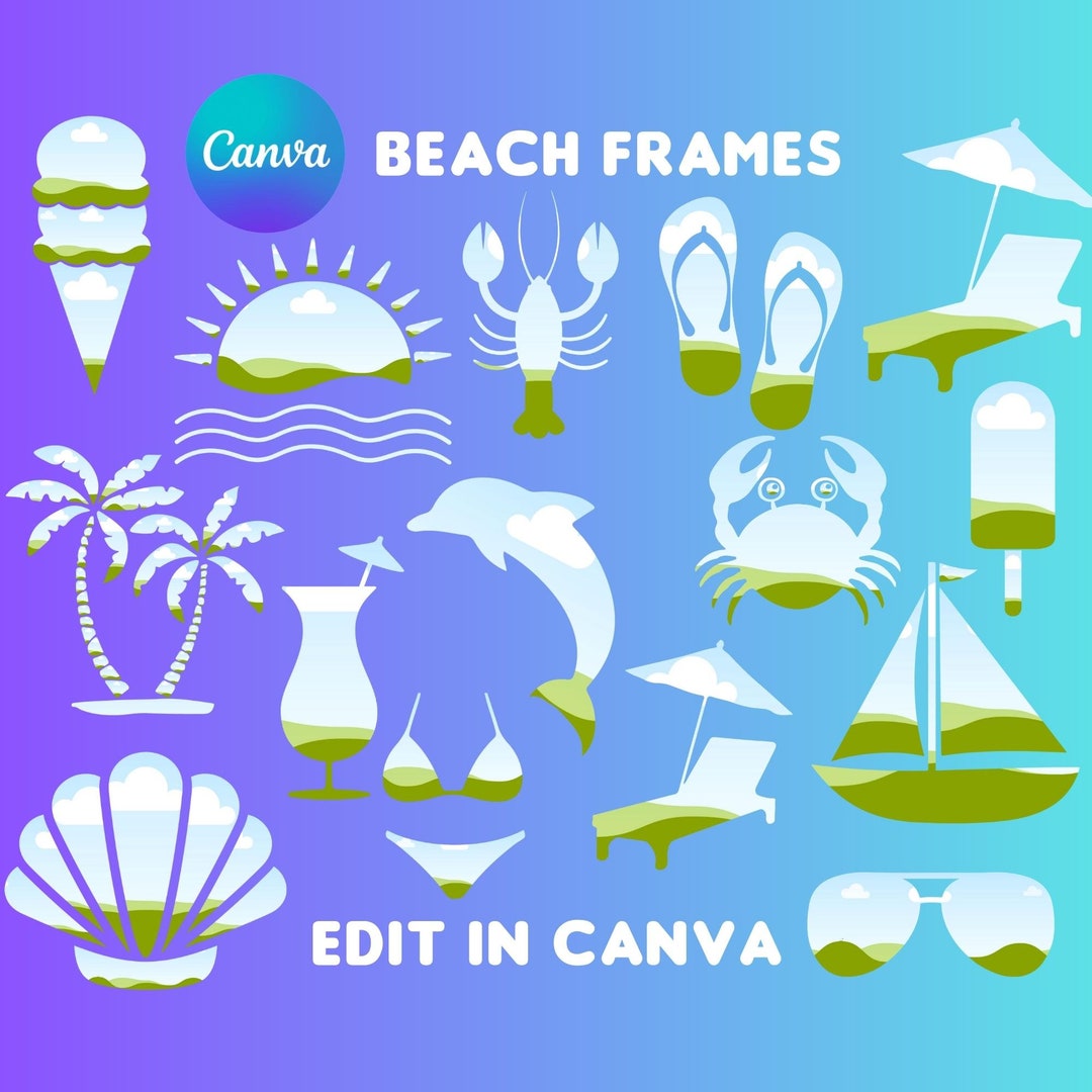 Canva Beach Frame Bundle, Template Design Bundle, Drag and Drop Beach