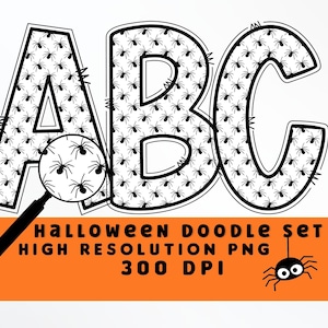Creepy Spider Halloween Doodle Letters Set PNG, Alfabeto de Halloween, Sublimación, Prensa de Calor, Hierro encendido, Impresión HTV, Conjunto de alfabeto de Halloween