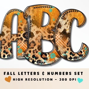 Estampado de leopardo Fondo de otoño Doodle Alfabeto y números Set PNG, Letras de vibraciones de otoño, Sublimación, Prensa de calor, Plancha, Calor a vinilo, Cuadros