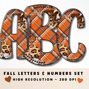 Leopard Print Fall Background Doodle Alfabeto e Números Conjunto PNG, Letras Fall Vibes, Sublimação, Prensa Térmica, Ferro Ligado, Aquecimento para Vinil, Xadrez