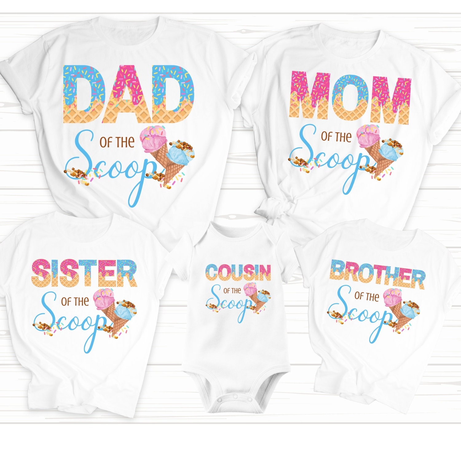 FAMILY BUNDLE What's The Scoop Gender Reveal PNG Sublimation Design For Iron On Transfers, Print On Demand, T-shirts, Heat Press, Download