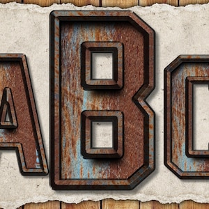 Alfabeto y números deportivos de metal oxidado 3D PNG, alfabeto de metal desgastado, letras de metal falso imprimibles, letras para álbumes de recortes, manualidades
