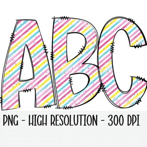 Rainbow Doodle Alphabet & Numbers Set PNG - Sublimación - Prensa de calor - Fondo transparente - Rayas diagonales brillantes - Hierro en - Imprimir