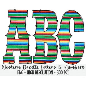 WESTERN Serape Doodle Alphabet & Numbers Set PNG - Sublimação - Imprensa térmica - Fundo transparente - Sudoeste - Ferro na impressão-Serape