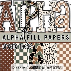 Puede incluir: Un gráfico digital que muestra la palabra ALPHA en letras grandes rellenas con varios patrones, incluyendo lunares marrones, cuadros verdes, camuflaje, lazos negros y cuadros beige. Debajo, el texto dice ALPHA FILL PAPERS y create these-.
