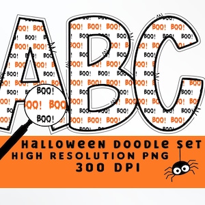 Boo estampado Halloween Doodle Letters Set PNG, Alfabeto de Halloween, Sublimación, Prensa de calor, Hierro encendido, Impresión HTV, Conjunto de alfabeto